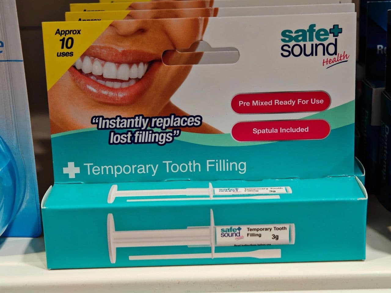Photo of the box for a temporary tooth filling product.